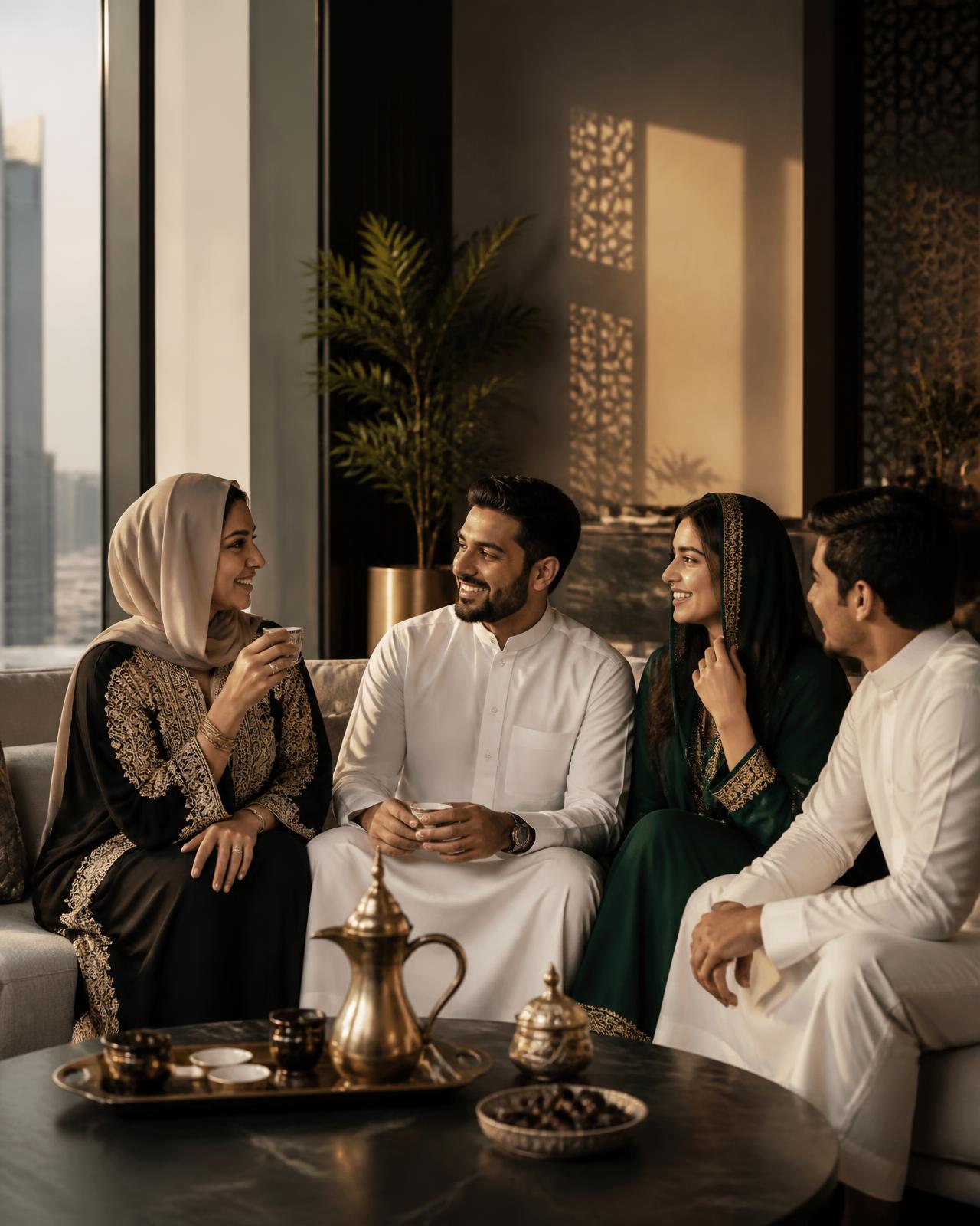 An Indian Muslim family — parents with their adult son and daughter — talking together over tea at home